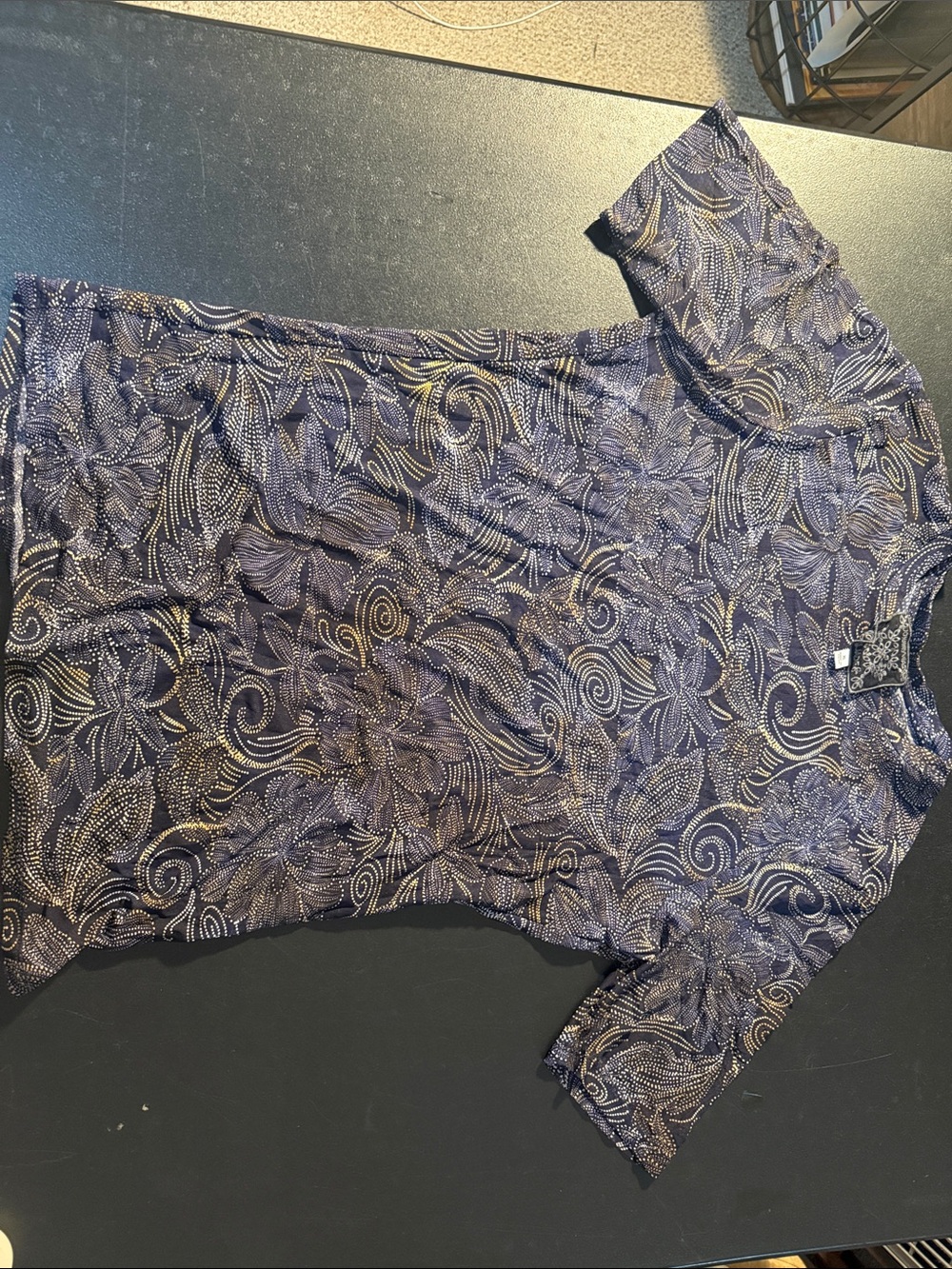 Johnny Was Navy Blue Floral Print Short Sleeve Top